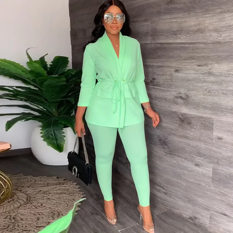 Elegant Office Lady 2 Piece Set Women Suit Drawstring pleat Blazer and Pencil Pant Sets Business Work Wear Formal Matching Sets