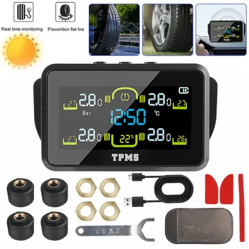 Monitor della pressione dei pneumatici per auto con 4 sensori esterni Avviso di temperatura Risparmia carburante Sistema di monitoraggio della pressione dei pneumatici TPMS solare T14-1