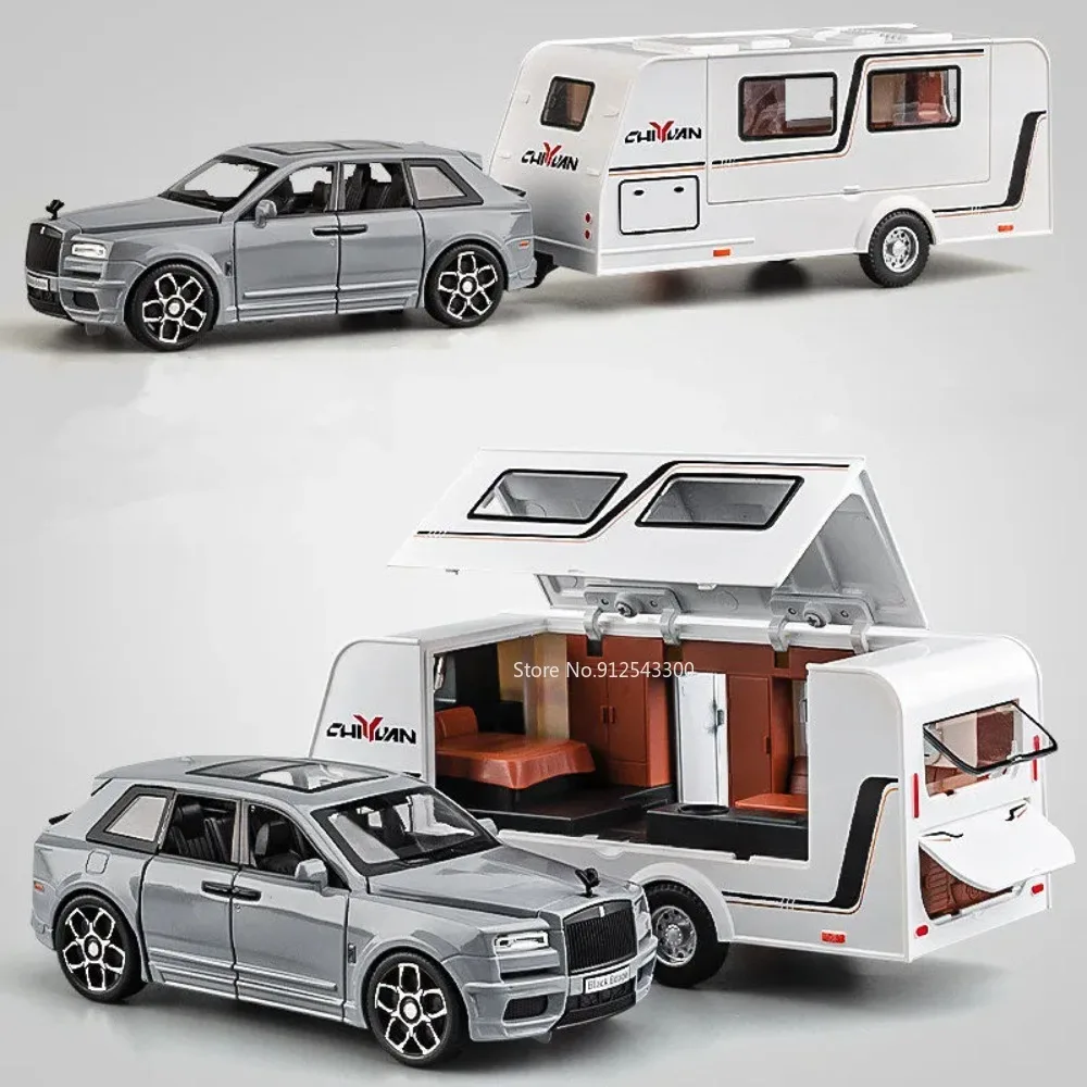 1/32 Trailer RV Truck Toy Model Car Alloy Diecast Off-road Vehicle Camper with Sound Light Toy Car Model Kid Toy Collection Gift 2