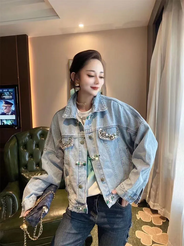 Spring Diamonds Chinese Style Buckle Denim Jacket Causal Women's