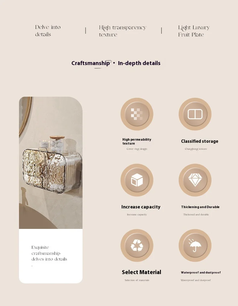 Description Picture 4 of itemTissue Box Bathroom Waterproof Storage Box Bathroom No Punching Wall Hang Storage Rack for Cosmetic Cotton Cotton Swab Lipstick