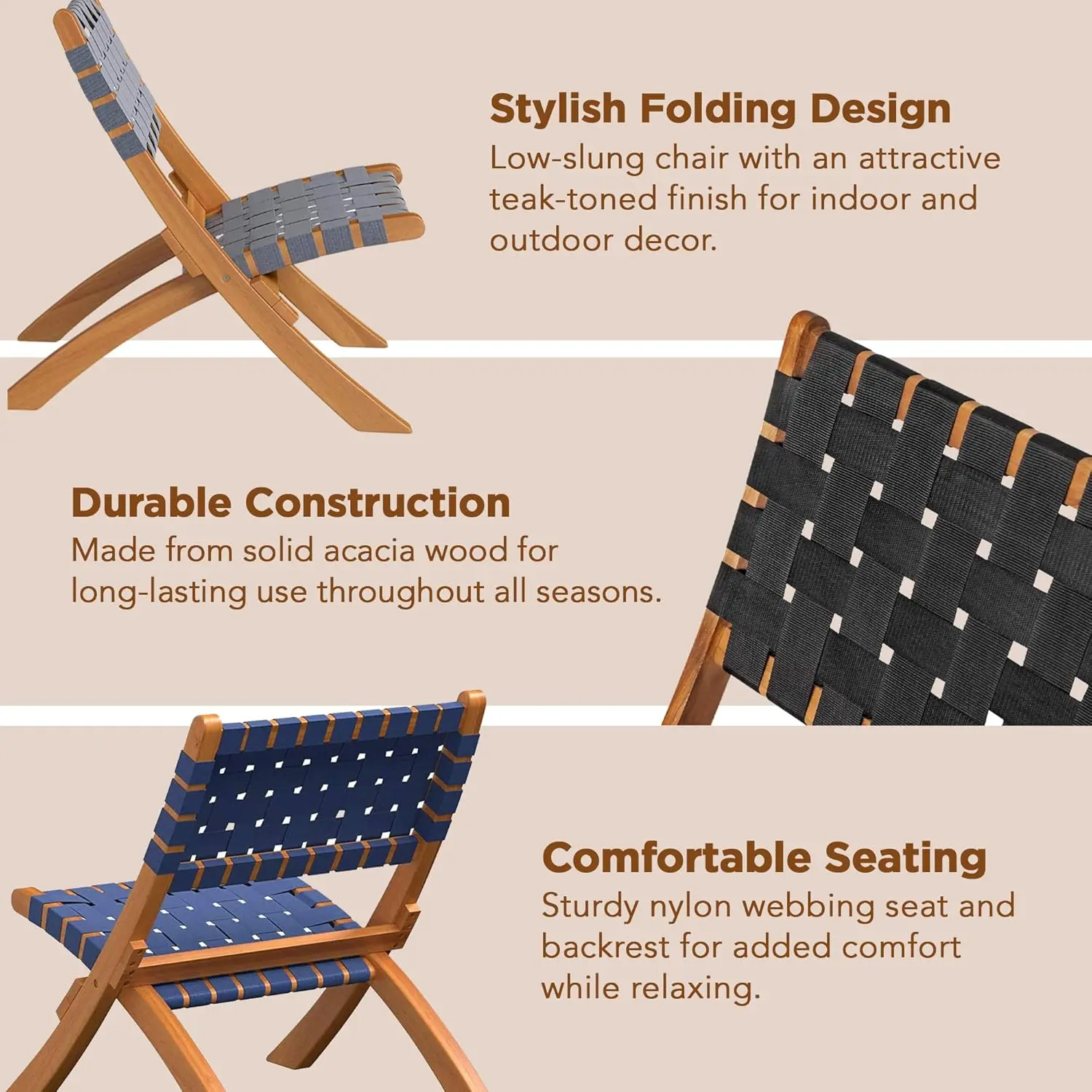 63636 Sava Folding Chair. Indoor/Outdoor. Low Slung. Portable. Acacia Wood. Woven Seat & Back. Navy Blue Webbing.
