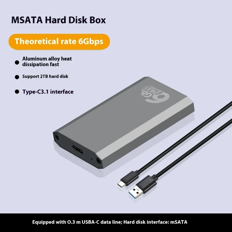mSATA 엔클로저 휴대용 알루미늄 케이스 6Gbps 데이터 전송 케이스(타입 C 포함)