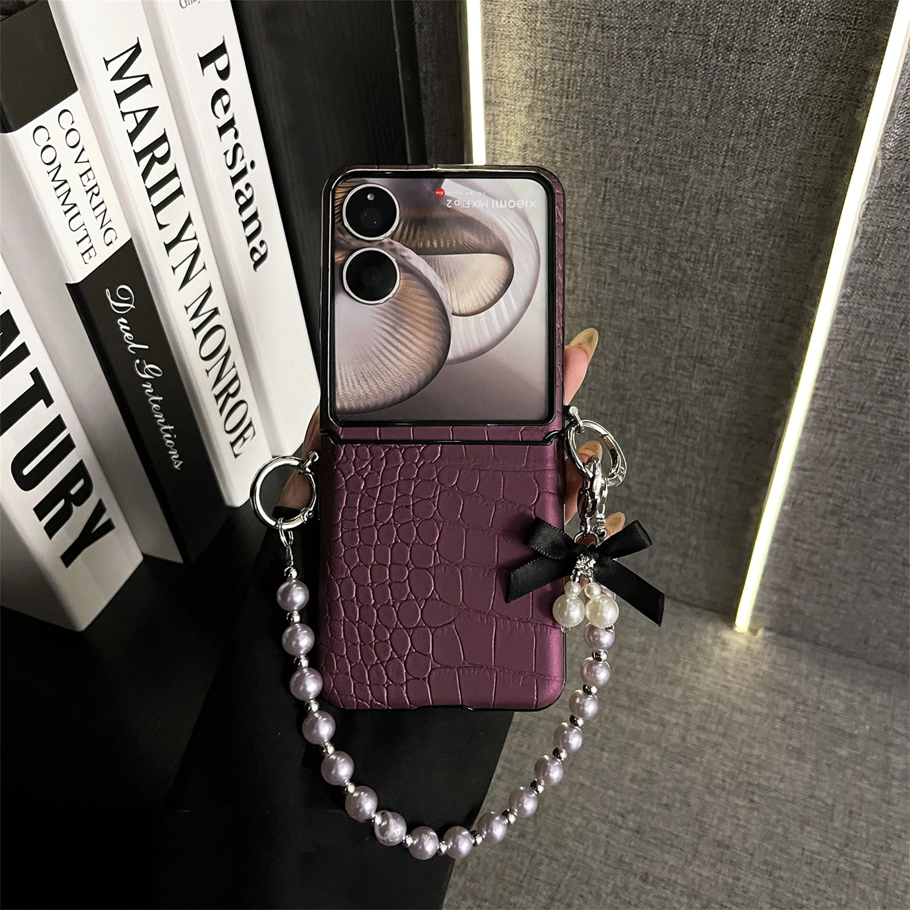 Korean Purple Crack Texture Phone Case with Bow Pearl Bracelet - Stylish Back Cover