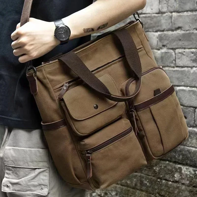 Vintage Men's Canvas Messenger Bag Unisex Crossbody Bags Large Capacity Shoulder Bag for Travel Work Multi Pocket Briefcase