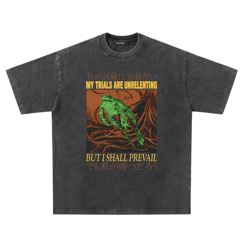 

Washed Vintage Japanese Frog Graphic Tshirt My Trials Are Unrelenting But I Shall Prevall T-shirts Men Oversized Funny T Shirts