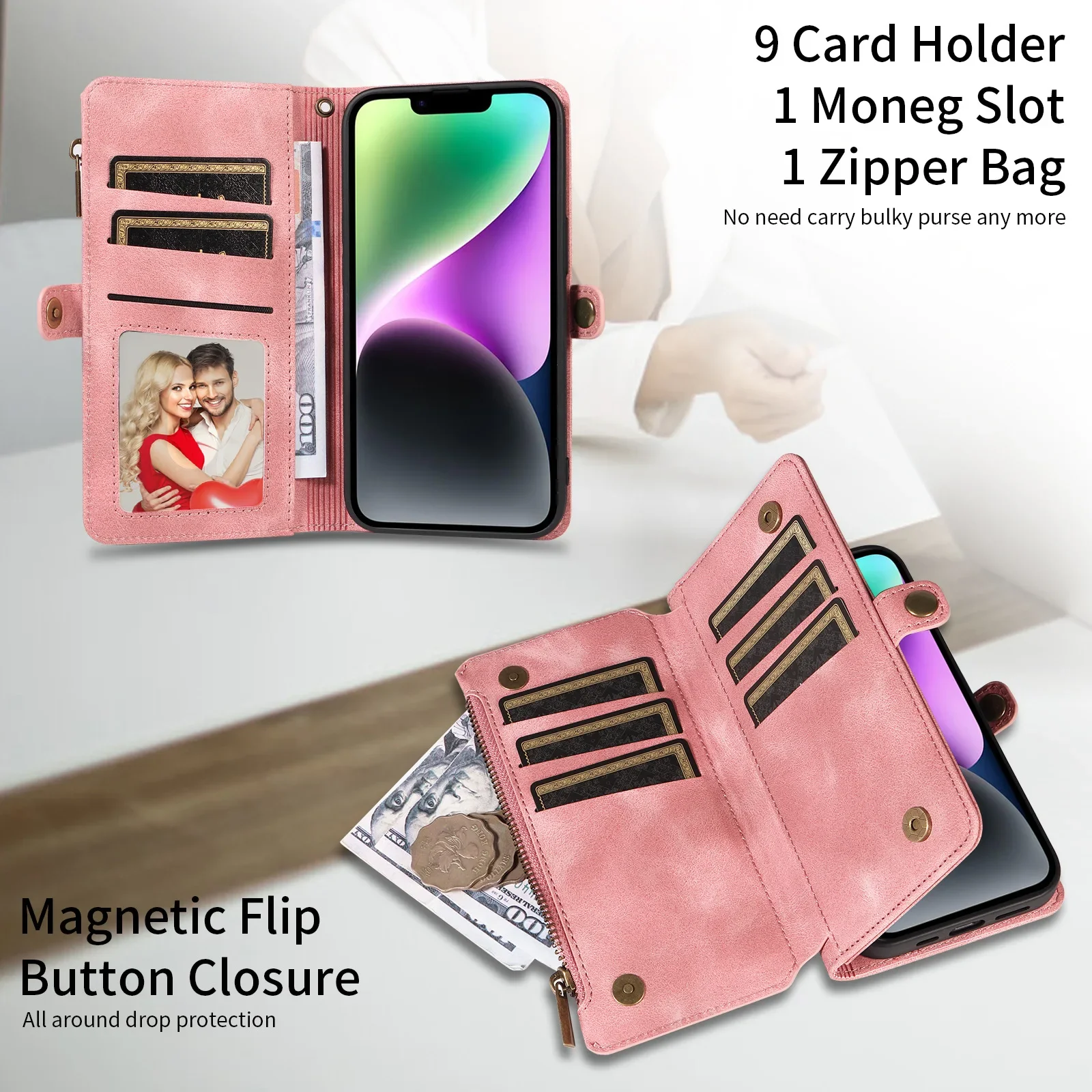 Luxurious Zipper Leather Wallet Phone Case with Card Slots and RFID Protection