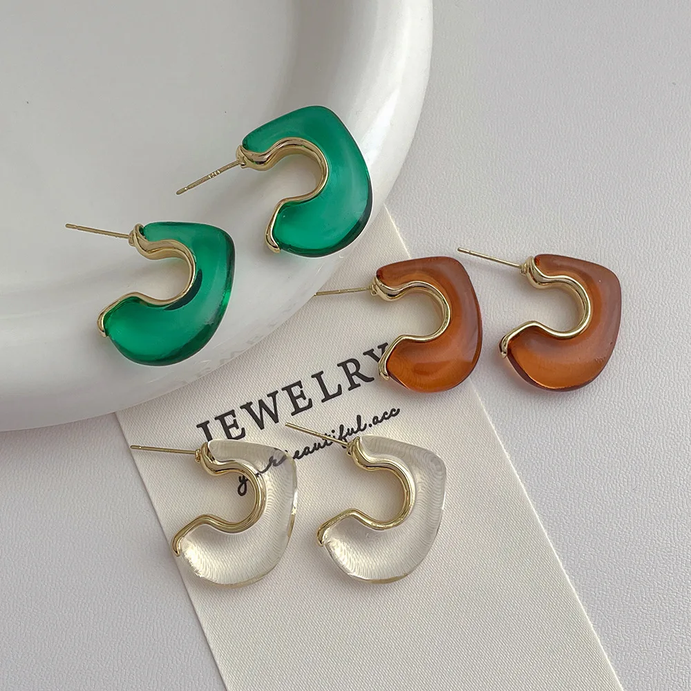 2023 New Arrival Colorful Acrylic C-shaped Earrings for Women Simple Temperament Metal Jewelry Gifts