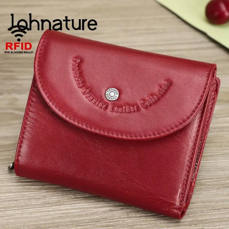 Johnature-cartera de cuero genuino para mujer, cartera versátil de Color sólido, corta, Rfid, antirrobo, de piel de vaca, monedero de tres pliegues