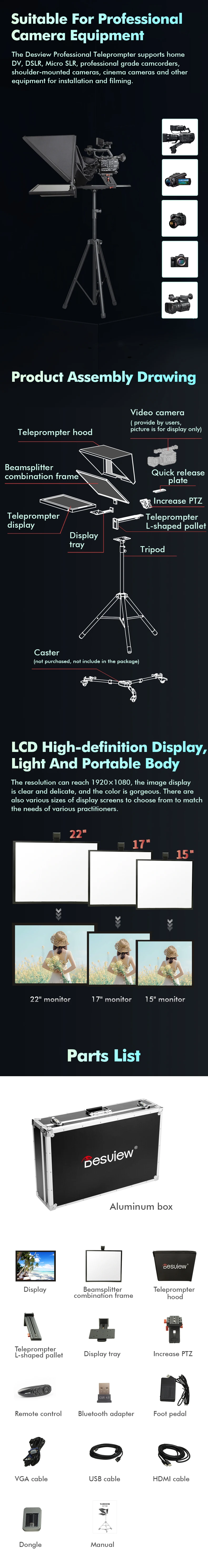 Desview T22 T17 T15 professional broadcast teleprompter with ultra-clear 22-inc