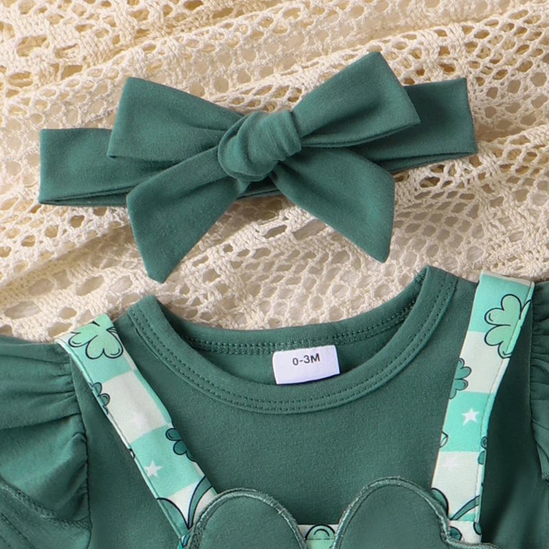 

Baby St Patricks Day Dress Shamrock Romper Top Clover Suspender Skirts Set With Headband ireland newborn clothes