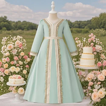 Girls Robe Splicing Printed Midi Skirt Children Party Dress One Piece Muslim Clothing Festival Clothing 1