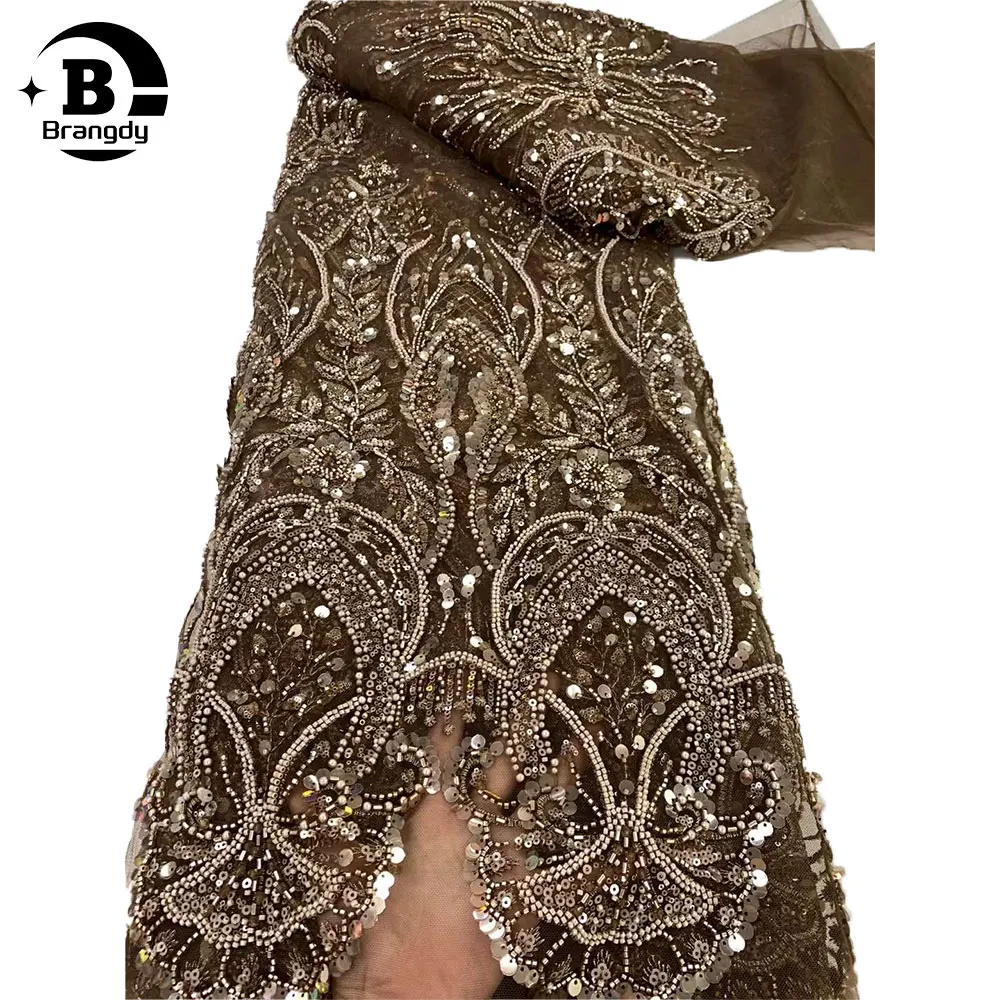 

African Heavy Beaded Net Lace Fabric 2024 High Quality Nigerian Shiny Sequins French Tulle Groom Mesh Fabric For Wedding Party