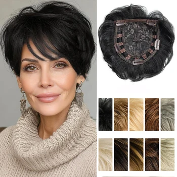 Topper per capelli sintetici per capelli diradati, ricci naturali, taglio pixie corto da 6 pollici, con 5 clip, per donne
