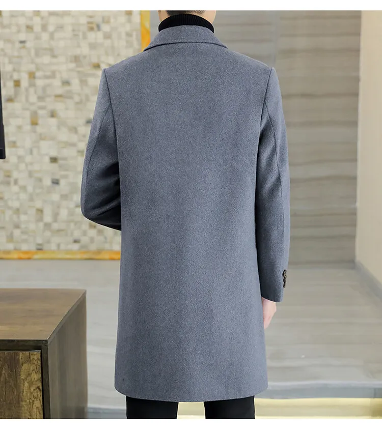 Business Casual Herren Mittellange Wollmäntel Herbst Winter Klassischer Dicker Warmer Woll-Überzieher Einfarbige Winddichte Jacken – Detail 13