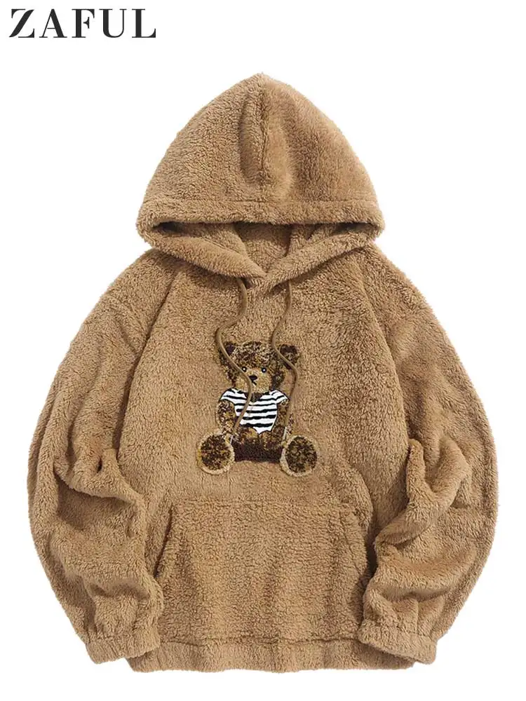 ZAFUL Hooded Hoodies for Men Fluffy Teddy Bear Pattern Sweatshirts Fall Winter Streetwear Pullover Casual Long Sleeves Tops NEW