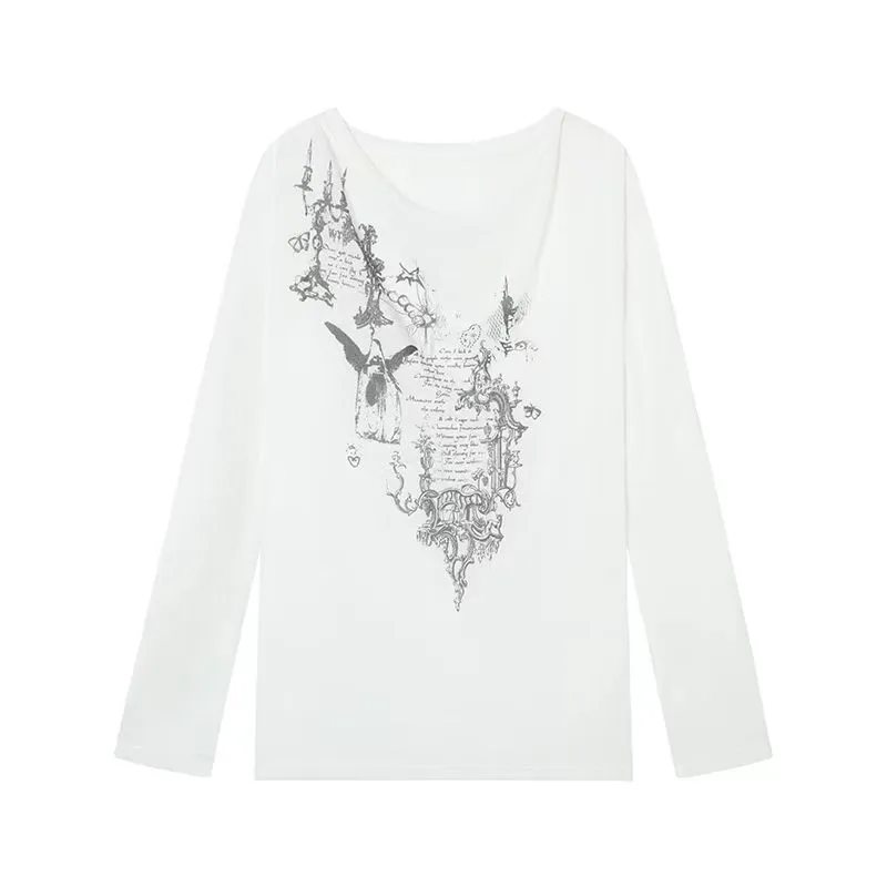 Yedinas Korean Fashion Graphic Tees Slightly Transparent T Shirt Women Clothing Long Sleeve Loose T-shirt Streetwear Spring Tops 6