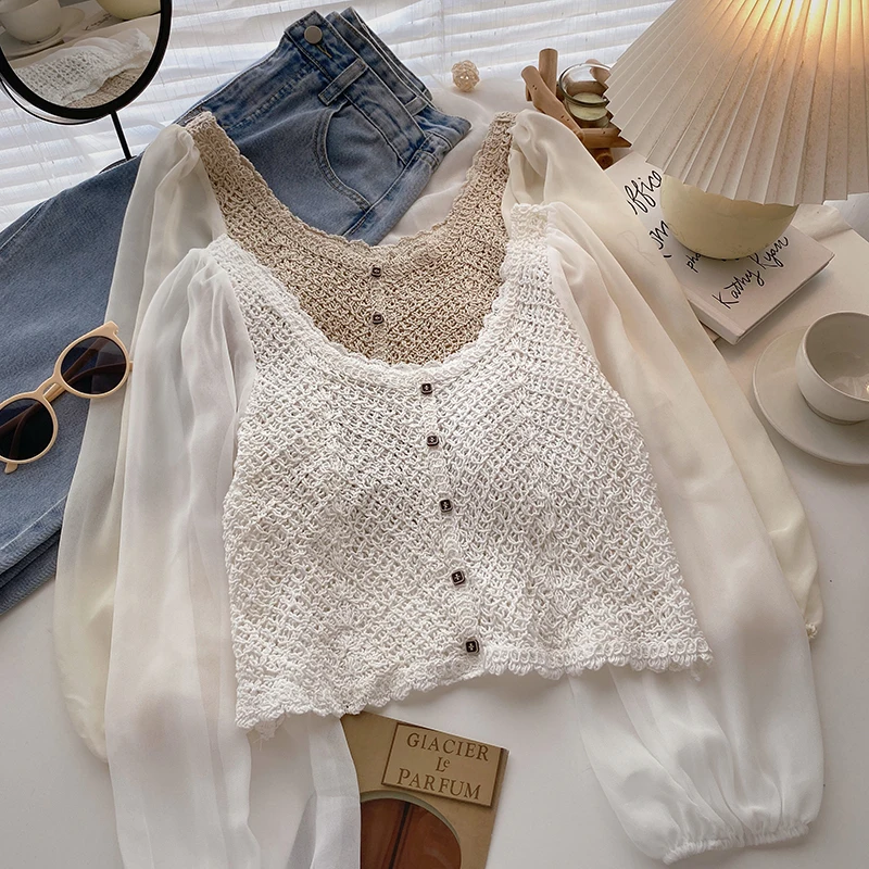 

OUMEA Cotton Crochet Openwork Blouse Fake Buttons Front Spring Autumn Puff Chiffon Sleeve Casual Solid Crop Shirts French Style