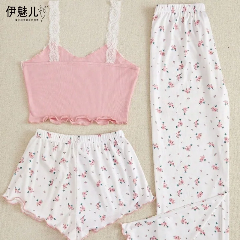 Women's V-neck floral pajamas sweet and cute three piece set for spring and summer high-end suspender shorts set sexy home wear