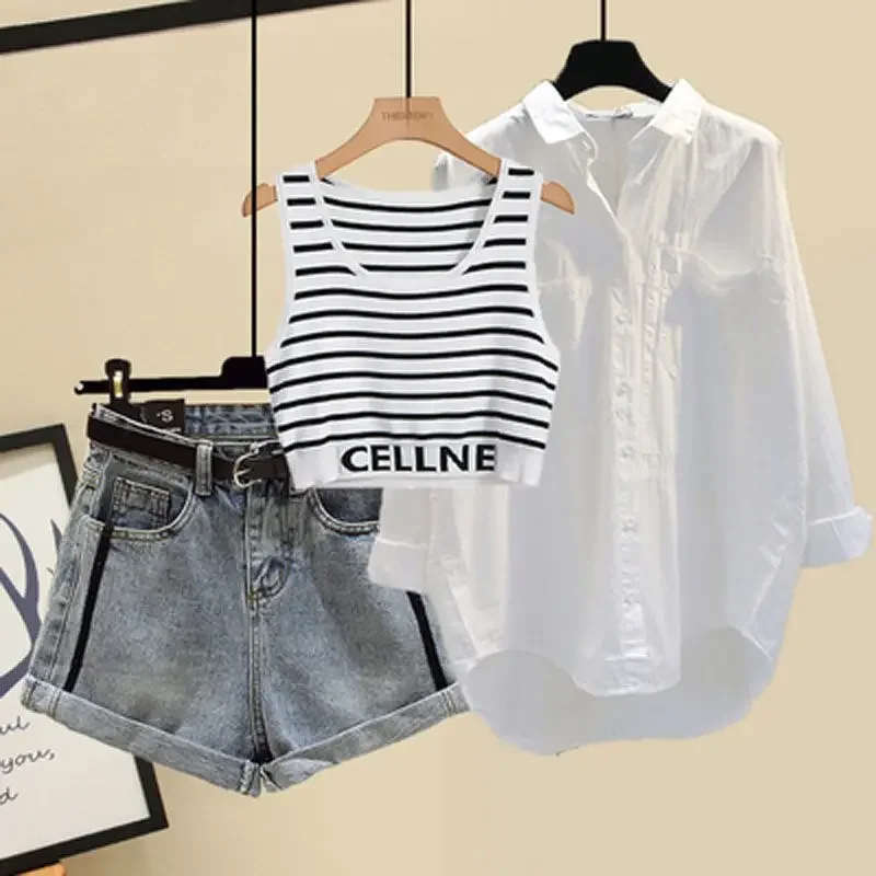 New Small Age Reduction Fashion Three-piece Summer Shirt Women's Bottom Tank Top High-waisted A-line Wide Leg Jeans Shorts Trend
