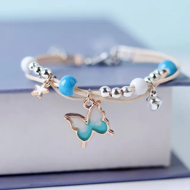 Kpop Cute Colorful Butterfly Bracelet for Women Girl Fashion Hand-woven Star Bell Beads Flower Pendant Bracelet Sister's Jewelry 2