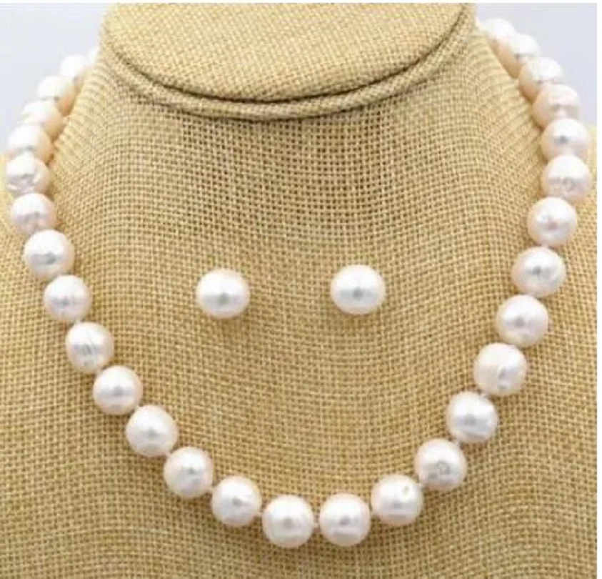 

AAA 11-10 MM South China Sea natural white pearl necklace earrings 14K gold carat exquisite