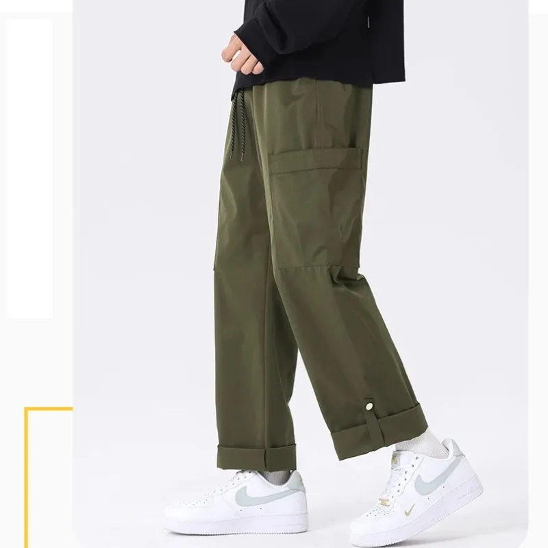 Spring Autumn Men's Pockets Solid High Waisted Elastic Casual Loose Straight Leg Trousers Casual England Style Vacation Pants