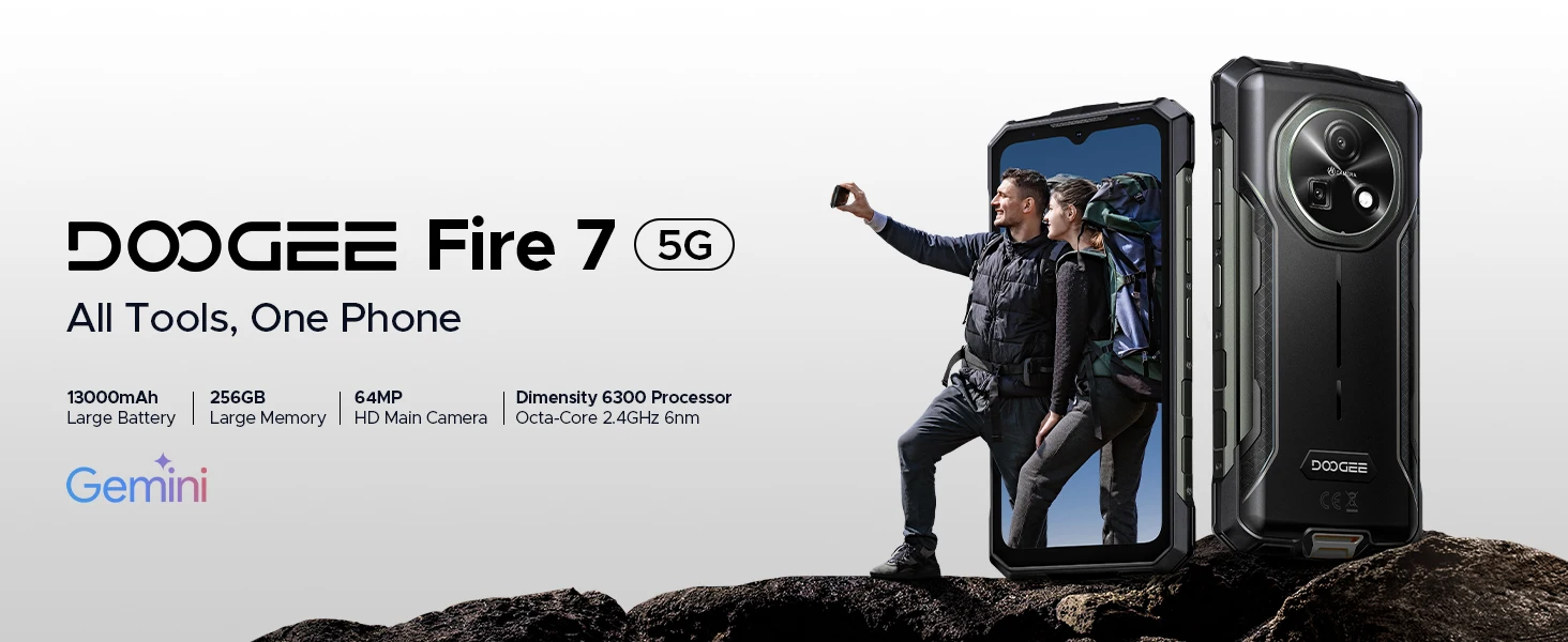 DOOGEE Fire 7 5G Rugged Phone 16GB 256GB 13000mAh Battery Dimensity 6300 Gemini AI 64MP Camera NFC Android 15 Smart phone