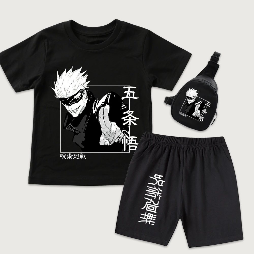 Jujutsu Kaisen Satoru Gojo Anime Print Kids Cotton T Shirt and Shorts Set with Mini Chest Bag Boys Girls Summer Outfits