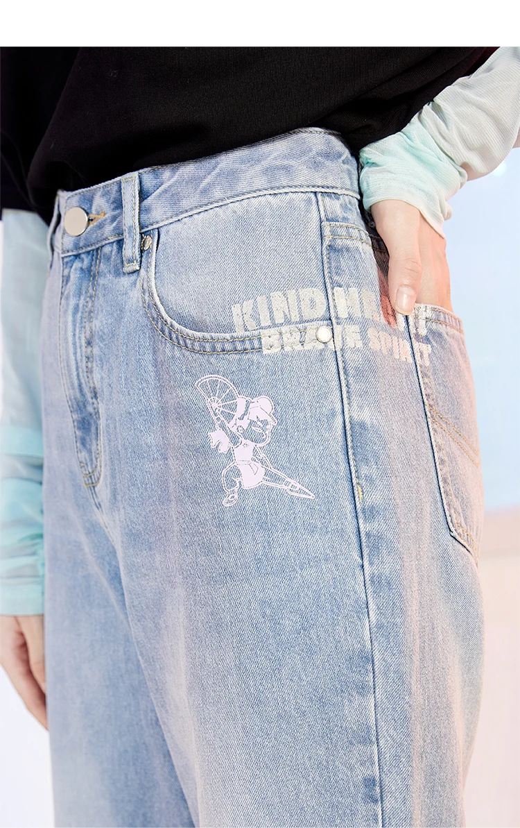 A21 High Waist Denim Jeans for Women Summer 2022 Trend Cotton Pants Loose Kung Fu Girls Print Streetwear Blue Pants Clothes black ripped jeans