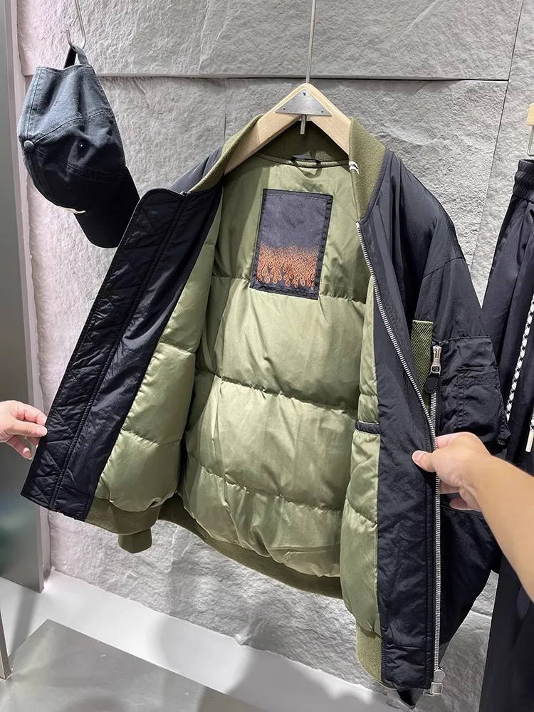 Fashion Winter Mens Casual Loose Fit Bomber Jacket Streetwear Overcoat Stand Collar Thick Warm Down Jacket Pockets Outwear Coat