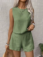 2025 Women's Solid Color Simple Fashion Casual Sleeveless Top and Shorts Set - Image 2
