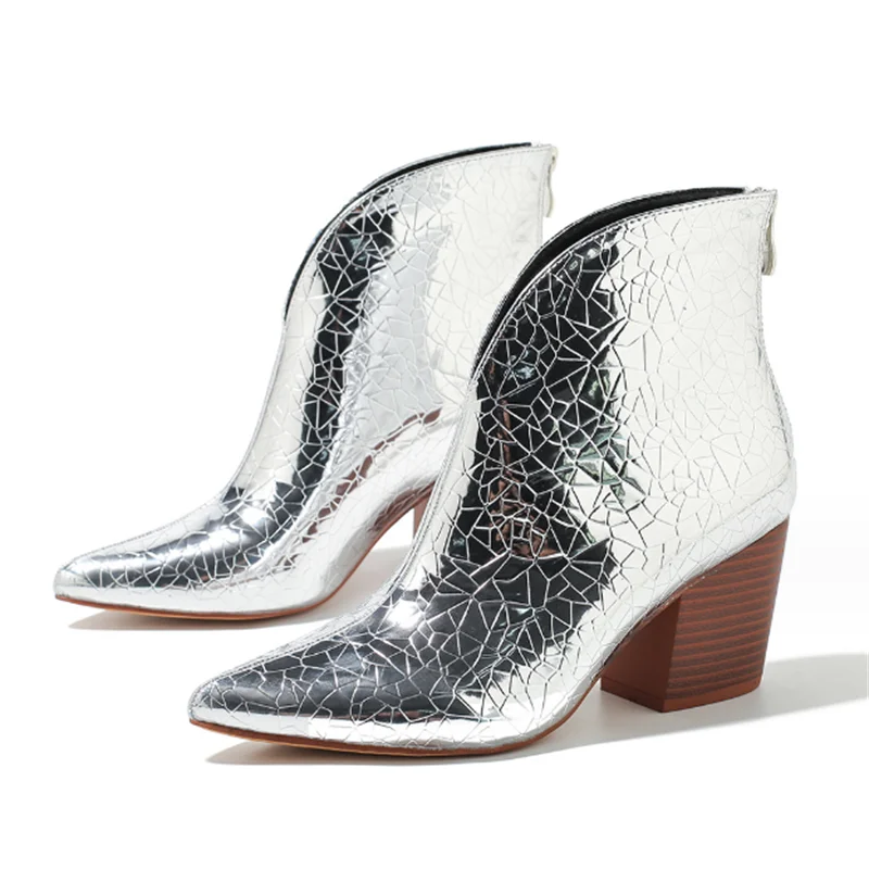 

New Snake Patterned Thick Heeled Ankle Boots For Women Pointed Toe Side Zipper Short Booties Womens Shoes Gold Sliver 36~43
