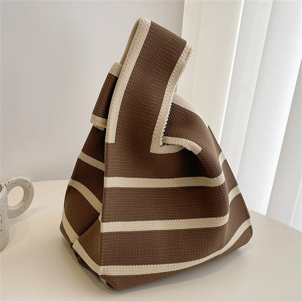 

Reusable Shopping Bags New Wide Striped Bag Handmade Knitted Handbag Minimalist Korean Women Mini Knot Wrist Bag Tote Students