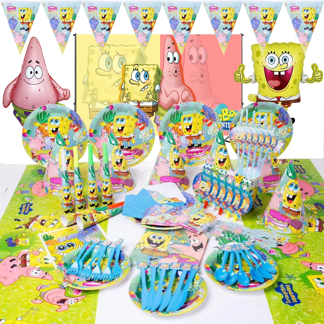 

Free Customize Sponge-Bob Party Supplie Tableware Happy Birthday Decoration Plate Balloon Tablecloth Kid Faovr Party Baby Shower
