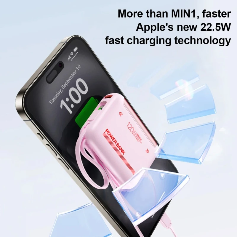 20000mAh 대용량 보조배터리 120W 초고속 충전 내장 케이블 휴대용 충전기 모든 스마트폰용