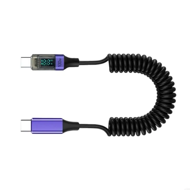 100W 초고속 USB C 케이블 스프링 코일 신축성 코드 디지털 디스플레이 안전 충전 휴대폰용 대용량 전원 공급