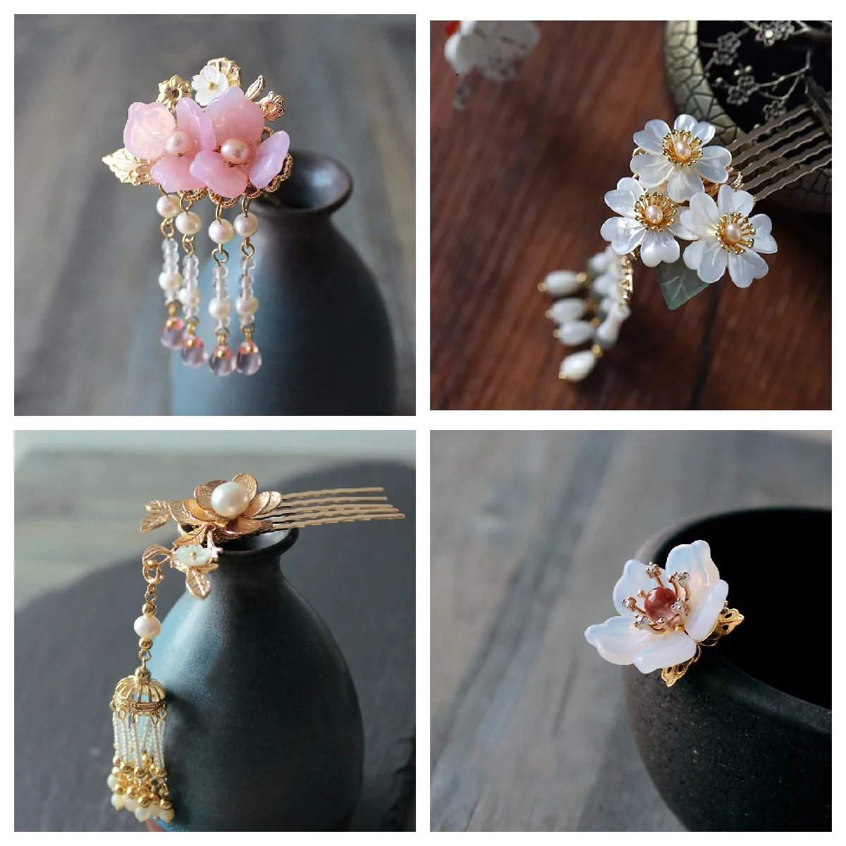 Vintage Handmade Hair Bun Kimono Cosplay Hanfu Small Shell Flower