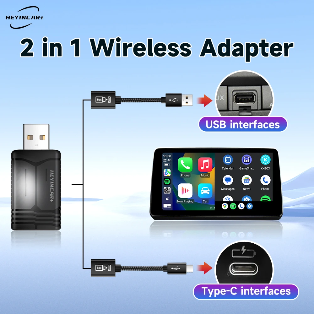 

2024 HEYINCAR 2IN1 Wireless Adapter Android Auto Wireless CarPaly Box 2.4G & 5.8Ghz WiFi BT Auto Connect For Wired AA CP Cars