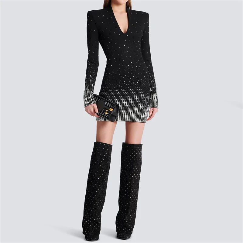 

Dresses For Women 2023 Autumn New Korean Fashion Hot Diamond Elastic Slim Zipper Wrap Hip Skirt V-Neck Long Sleeve y2k Clothing