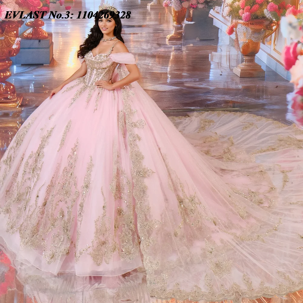 EVLAST Shiny Pink Quinceanera Dress Ball Gown Sequins Lace Applique Beaded Cape Sweet 16 Vestido De 15 Anos E3Q202