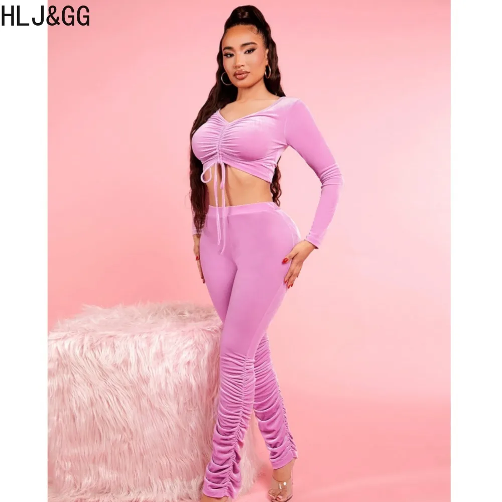 

HLJ&GG Fashion Ruched Design Pants Sets Women Long Sleeve Drawstring Crop Top And Stacked Pants Two Piece Outfits Autumn 2023