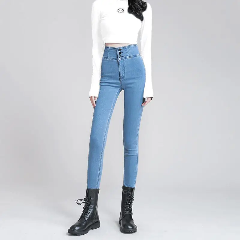 High Waist Blue Jeans Women Skinny Button Streetwear Sexy Pencil Pants Leggings Y2k Clothes Trousers Sweatpants Thin New