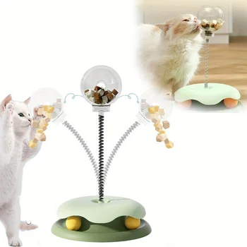 Turntable Cat Toy with Treat Dispensing Ball, 3-in-1 Self-Entertainment for Cats, Educational Slow-Feeding Toy Ball, Cat Teaser Wand Combined with Turntable, Spring Treat Dispensing Ball, Cat Pet Supplies 4