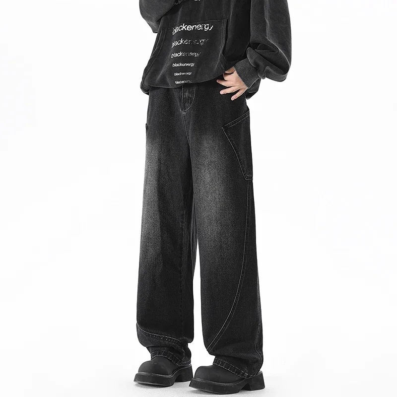 Fashion Vintage Straight Baggy Jeans Men's Washed Streetwear Loose Denim Trousers Brand Clothing Elastic Waist Wide Leg Pants