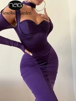 Mesh Satin Dress Long Sleeve See Through Patchwork Cut out Boned Pads Midi Corset Dress Sexy WoParty Bodycon Dresses