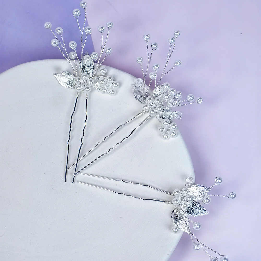 Flower Bridal Wedding Hairpin Silver Leaf Bridal Hair Ornament Rhinestone Hair Ornament for Women & Girls (Set of 3)