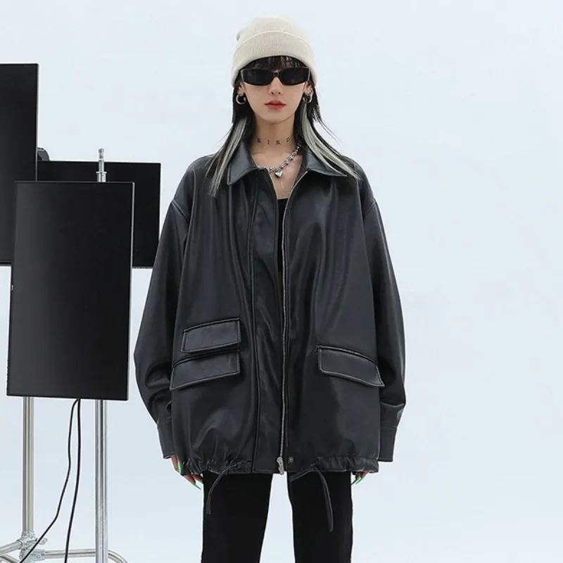 Oversized Casual Waterproof Outwear for Women, Soft PU Leather Jacket, Drop Shoulder, Long Sleeve, Black, Fashion, Autumn, 2024