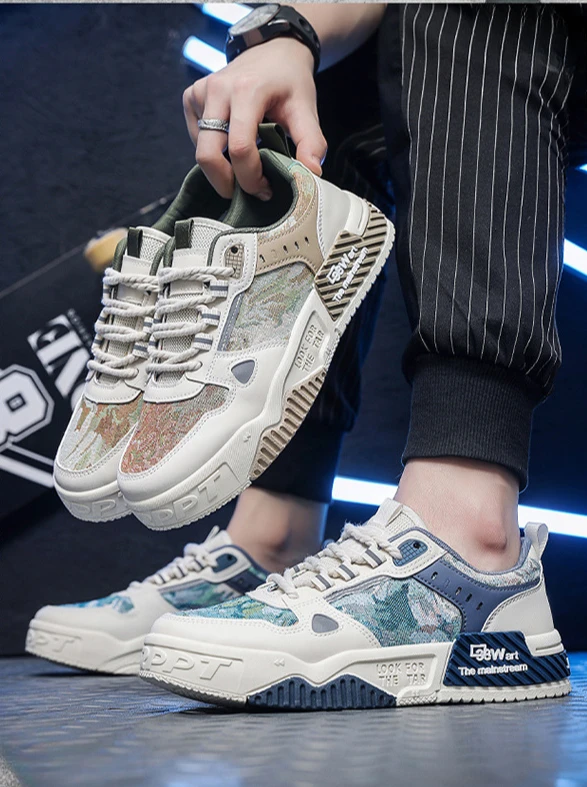 Men's patchwork leather sneakers with height increasing sole.