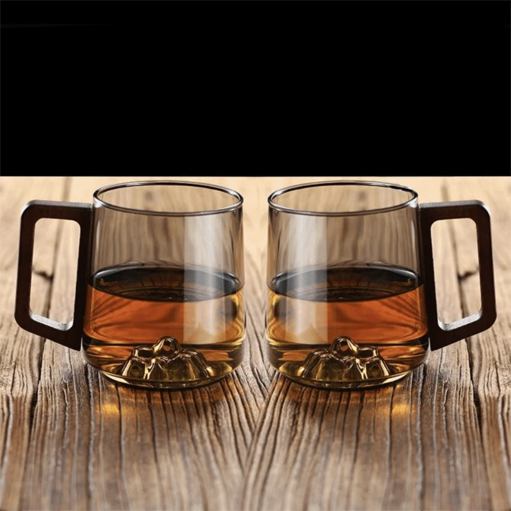 Internal Mountain Protrusion Glass Cup Large Capacity Single-layer Water Drinking Cup Heat-resistant Wooden Handle Tea Cup Gift